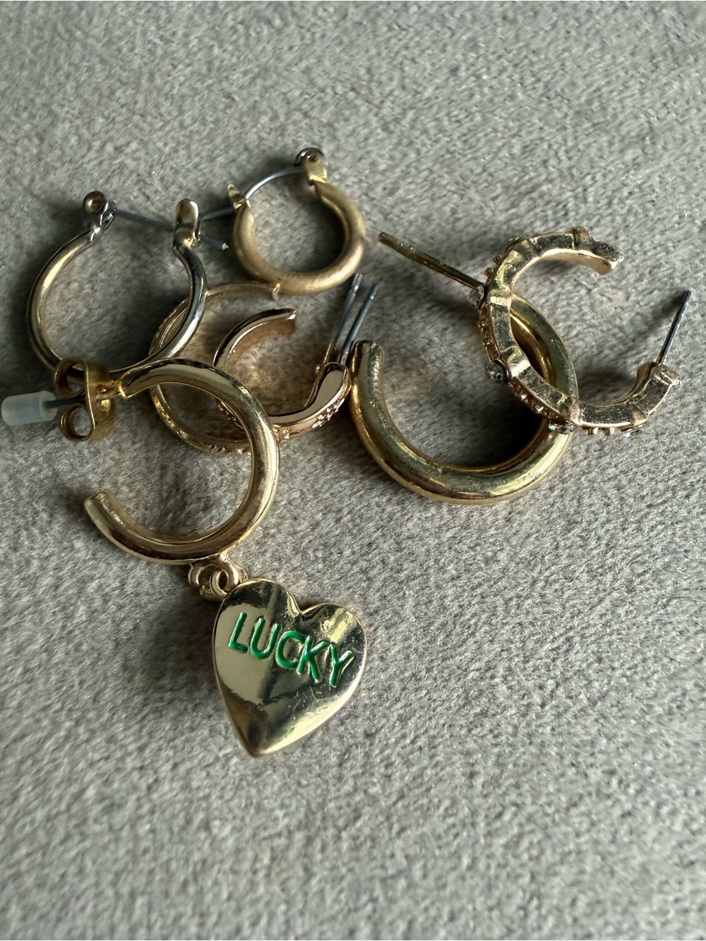 Gold-Tone 'Lucky' Heart Hoop Charm mix Earrings